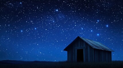 Tranquil night sky over rustic wooden cabin in a field