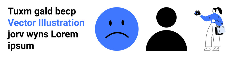 Fototapeta premium Sad blue emotion, black user silhouette, person with cupcake in hand illustrated simply. Ideal for mood representation, user feedback, emotion analysis, customer service, feelings, social media