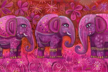 Fototapeta premium A vibrant artwork featuring three colorful pink elephants adorned with intricate patterns against a whimsical floral background.