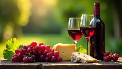 Red wine, grapes, cheese in rustic garden setting, fresh, food, photography
