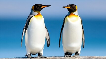 Fototapeta premium Two Elegant Penguins Standing by the Ocean Against a Blue Background
