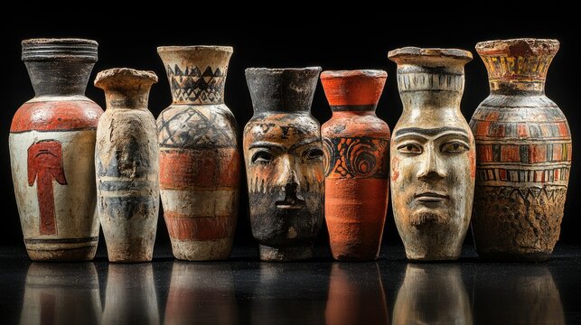 Ancient Painted Pottery Vessels Displayed Together - Powered by Adobe