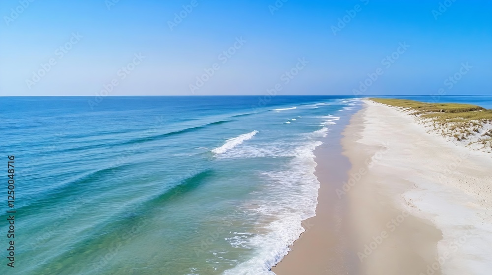 Poster panoramic aerial view of serene beach with gentle waves under clear blue sky : generative ai