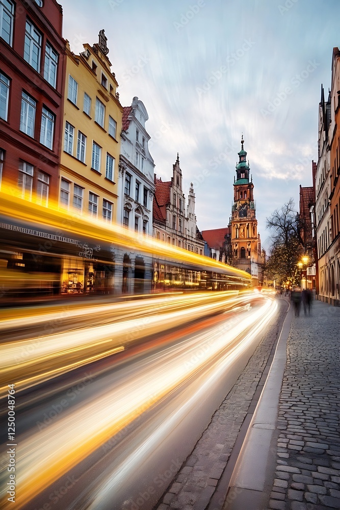 Poster softly blurred evening street view with historic architecture and a tower in the background : genera