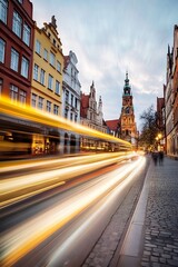 Obraz premium Softly Blurred Evening Street View with Historic Architecture and a Tower in the Background : Generative AI