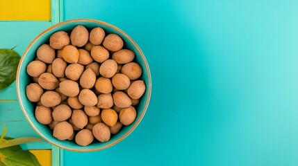 Brown Nuts in Teal Bowl on Yellow and Teal Background