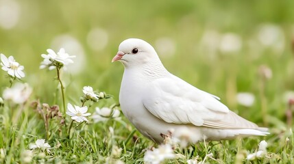 Obraz premium Beautiful white dove perched on green grass surrounded by blooming flowers representing peace and harmony : Generative AI