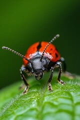 Fototapeta premium Close Up of a Vibrant Red Beetle on Green Leaf Showing Intricate Details and Nature's Beauty : Generative AI
