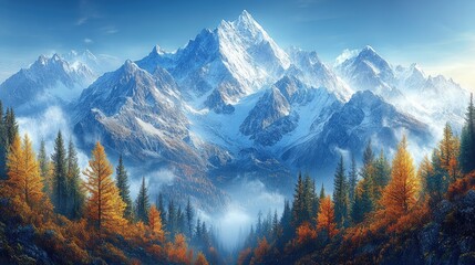 Majestic snow-capped mountains surrounded by vibrant autumn foliage under a clear blue sky
