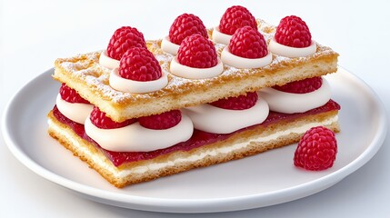 Delicious Waffle Dessert with Fresh Raspberries and Cream Topping