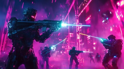 Obraz premium Futuristic battlefield with robot soldiers, high tech and laser based weaponry in the war zone background wallpaper AI generated image