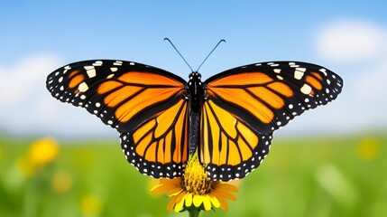 Fototapeta premium Vibrant Monarch Butterfly on Bright Yellow Flower Against Sky