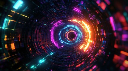 Futuristic abstract hallway digital time travel glowing neon cyberpunk technology background wallpaper AI generated image