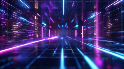 Abstract futuristic cyberpunk gaming background with digital retro glowing blue and purple neon lines wallpaper AI generated image