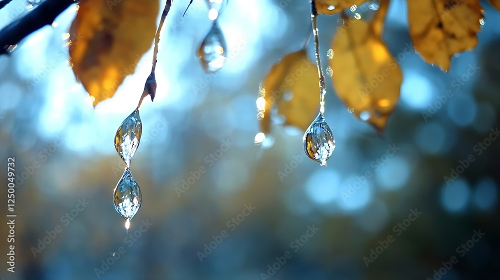 Poster glittering water droplets on autumn leaves bathed in soft blurred background light : generative ai