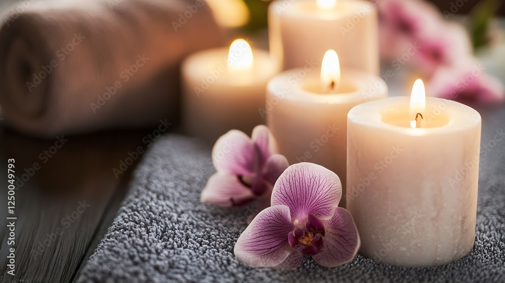 Poster Soothing Spa Setting with Candles and Orchids for Relaxation : Generative AI