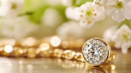 Sparkling gold ring adorned with brilliant diamond resting on reflective surface decorated with delicate white flowers : Generative AI