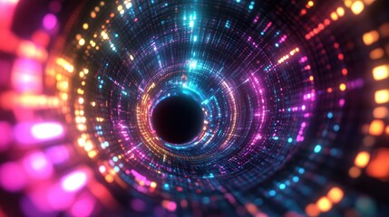 Obraz premium Futuristic abstract hallway digital time travel glowing neon cyberpunk technology background wallpaper AI generated image