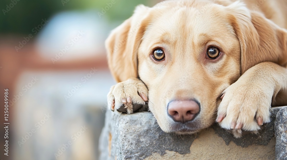 Poster close-up shot of a golden labrador dog with gentle eyes resting on a stone : generative ai