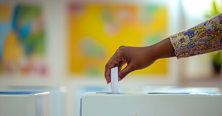Hand casting a vote in a human rights-themed polling booth on Human Rights Day.
