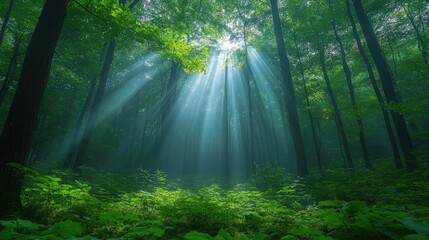 Sunlight Filtering Through Dense Forest Canopy Illuminating Lush Green Underbrush