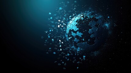 A digital representation of Earth disintegrating into fragments against a dark background, symbolizing technological change and environmental concerns.