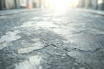 Obraz premium Cracked Asphalt Road Surface Texture: Close-Up View of City Street Showing Deterioration and Wear