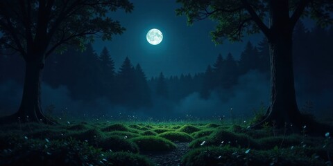 Serene Moonlight Illuminates a Mystical Forest Meadow at Night, with Glowing Flora and Enigmatic Trees
