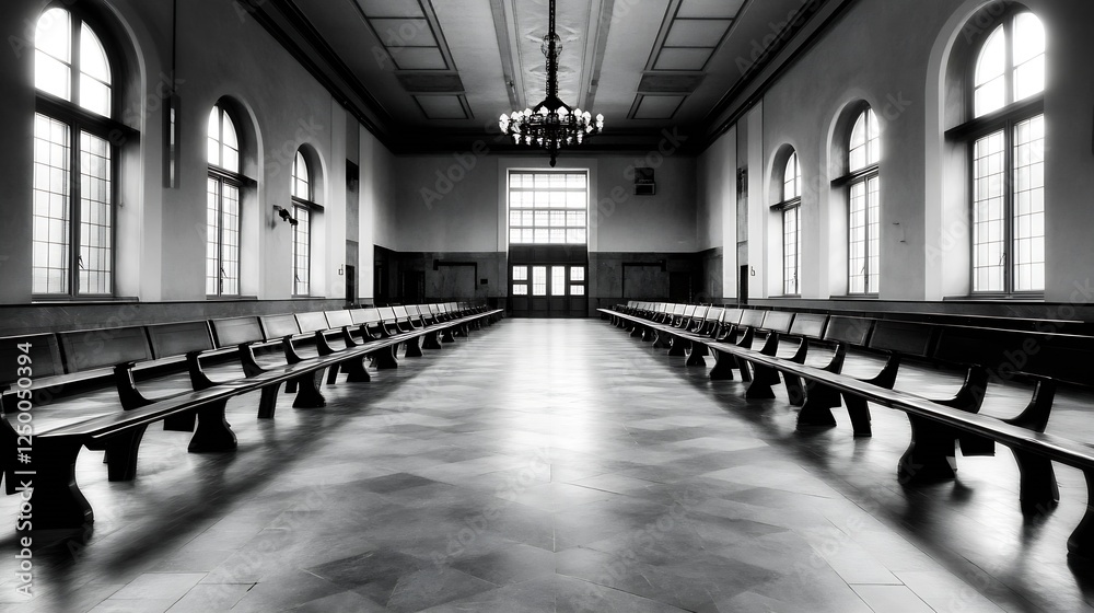 Poster stunning black and white interior of an empty waiting area featuring long pews and beautiful archite