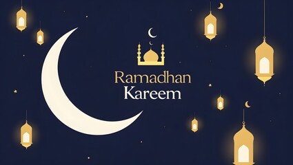 Illustration of Ramadan Kareem night scene with crescent moon, mosque icon, hanging lanterns, and festive text.