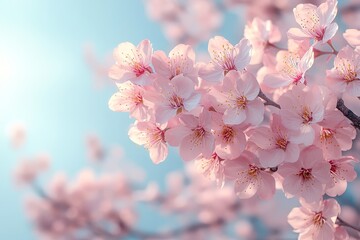 Obraz premium Pastel pink cherry blossom border with delicate petals against sky blue background, soft springtime scene, dreamy floral design, festive wallpaper, nature beauty, spring flowers, seasonal decoration, 