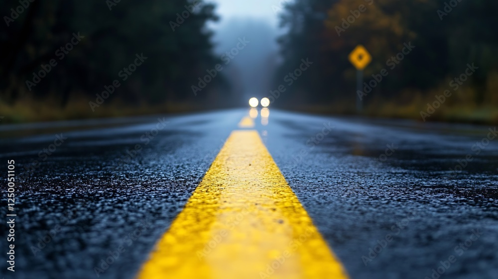 Poster moody perspective view of a winding wet road lined with trees and reflective asphalt after rain : ge