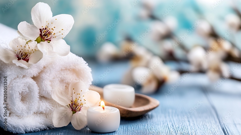 Poster spa arrangement with soft towels candles and cherry blossom flowers on elegant surface : generative 