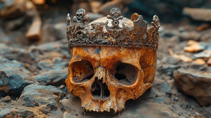 A weathered skull adorned with a rusty crown rests on a rocky surface, evoking themes of mortality