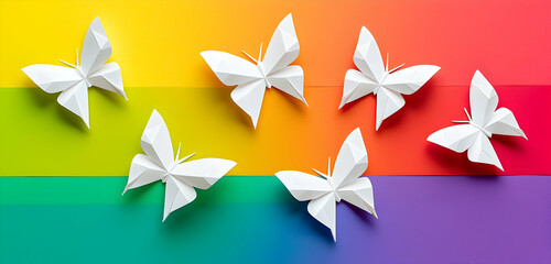 Obraz premium Butterflies against a rainbow backdrop, celebrating Zero Discrimination Day.
