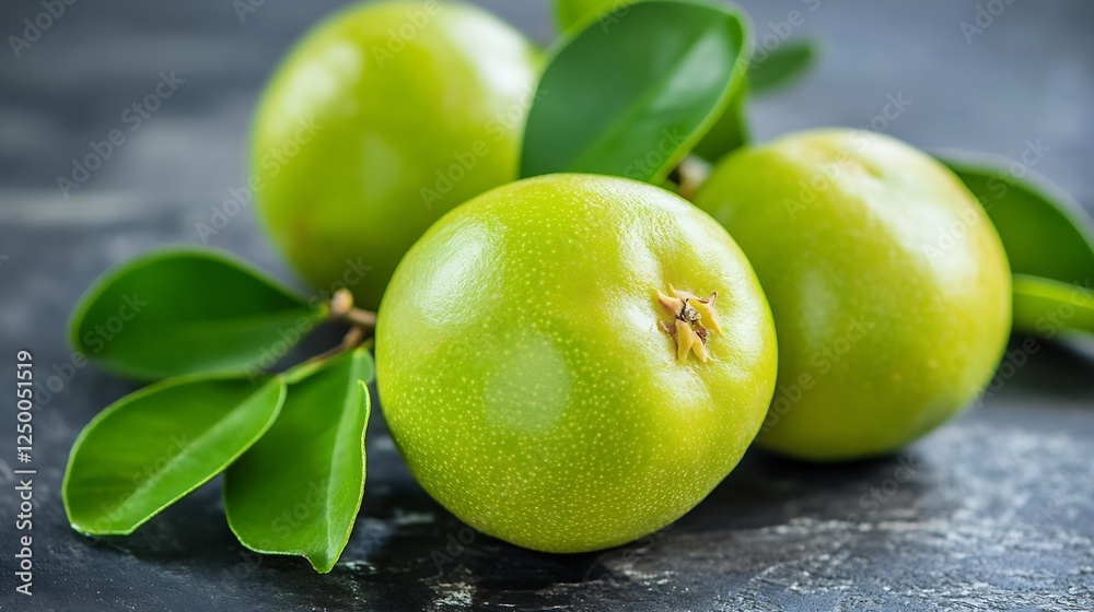 Aufkleber fresh green apples surrounded by leaves on a dark textured background : generative ai