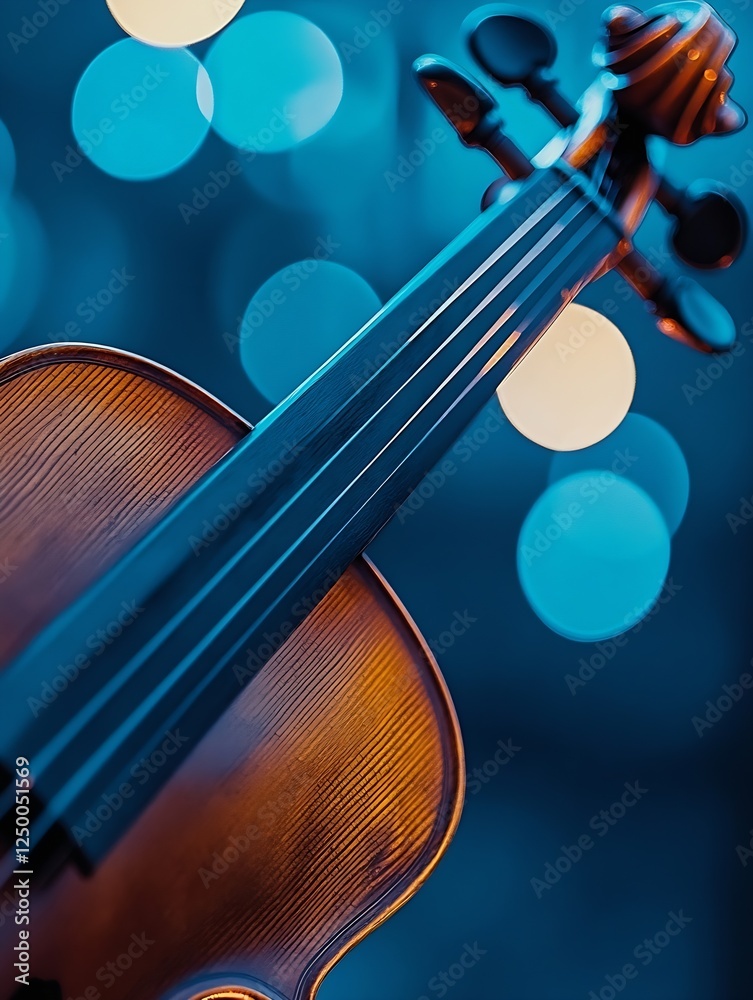 Poster Elegant Close Up of a Violin with Blue Bokeh Lights Background for Music and Art Themes : Generative AI