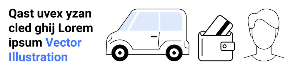Car, wallet with credit cards, and mans face outline. Ideal for transportation, payments, finance, identity verification, security mobile apps and tech services themes. Landing page