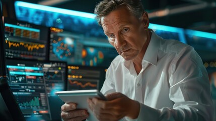 A man in a polo shirt analyzes his stocks and investments on a tablet, seated at a desk with papers and a cup of coffee, focused on his work.