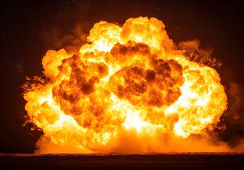 A giant explosion of fire, the flames are in a round shape and radiate from the center to the outside. The flames have no shimmering effect on each other, and it looks like a realistic fireball 
