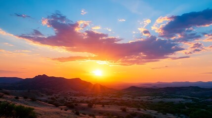 Breathtaking Sunset Over Lush Mountains with Dramatic Clouds and Vibrant Colors : Generative AI