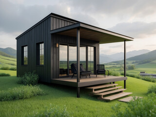 A modern black tiny house with a minimalist design, featuring a wooden deck and large glass doors.