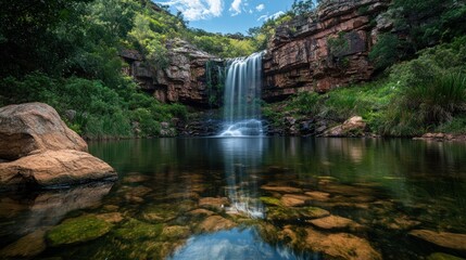 Obraz premium Waterfall cascading into tranquil pool, lush greenery, sunny sky, nature backdrop; travel, tourism