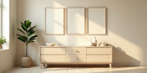 Light-filled minimalist living space featuring a wooden sideboard, three framed prints, and a potted plant