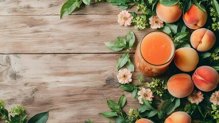 Fototapeta premium A bountiful display of freshly picked oranges and peaches nestled amongst lush green leaves and delicate flowers resting atop a rustic wooden table