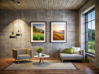 Fototapeta premium Sleek studio, white frames against grey burlap walls, showcasing contemporary art.