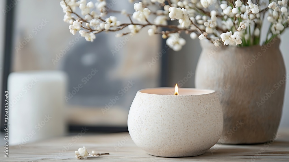 Poster aesthetic candle on wooden table with flowers in a vase creating a serene ambiance : generative ai