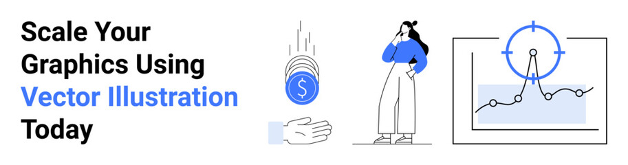 Woman pondering graphics, falling coins into hand, and chart targeting advancements. Ideal for marketing, business, design tools, creative services, data growth, finance flat landing page banner