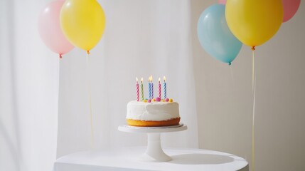 A minimalist birthday party with a white backdrop, a small birthday cake, and a few brightly colored balloons placed on the floor, creating a simple celebration.