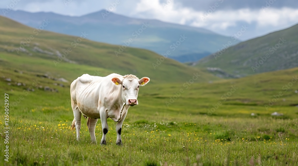 Poster white cow grazing in a beautiful green meadow with mountains in the background : generative ai